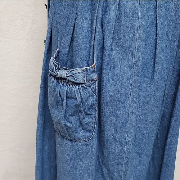 VINTAGE 1970s Talbots Mid Wash Oversized Button Up Belted Bow Denim Dress Medium - Picture 10 of 15